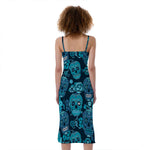 Teal Sugar Skull Flower Pattern Print Slim Fit Midi Cami Dress