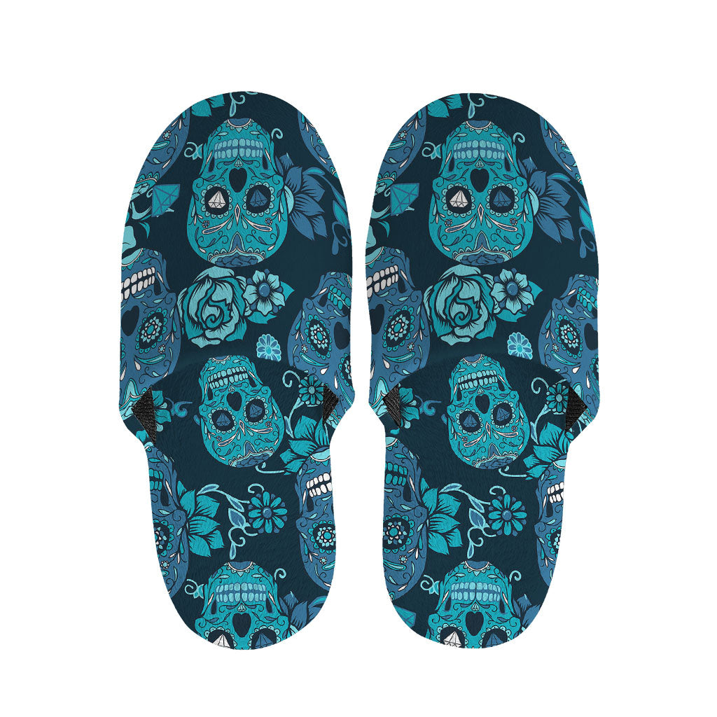Teal Sugar Skull Flower Pattern Print Slippers