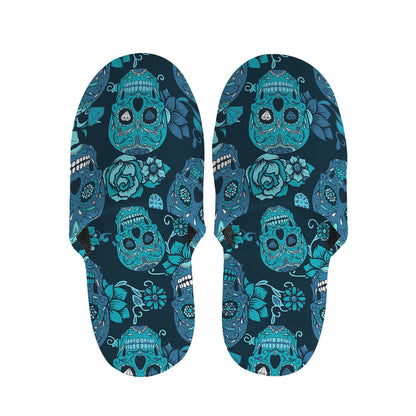 Teal Sugar Skull Flower Pattern Print Slippers
