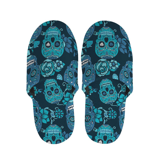 Teal Sugar Skull Flower Pattern Print Slippers