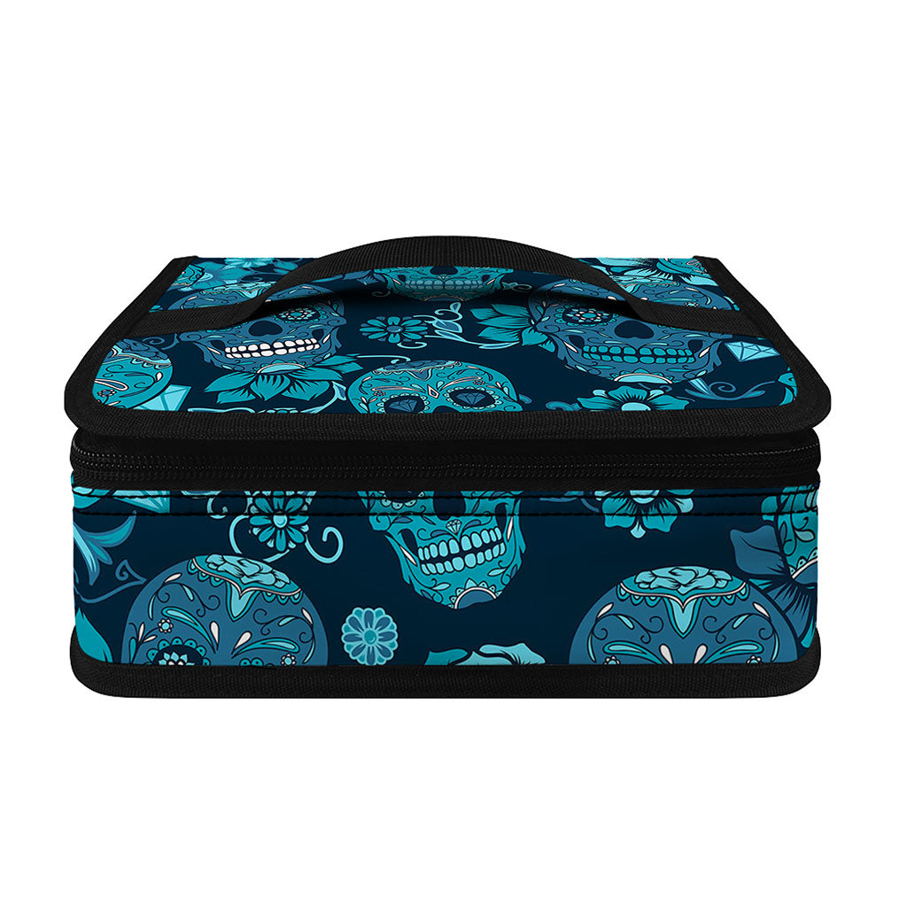 Teal Sugar Skull Flower Pattern Print Small Lunch Bag