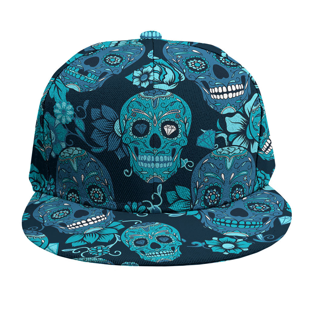 Teal Sugar Skull Flower Pattern Print Snapback Cap
