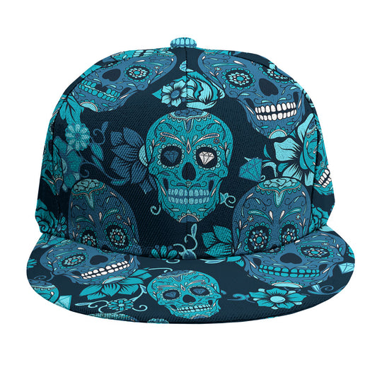 Teal Sugar Skull Flower Pattern Print Snapback Cap