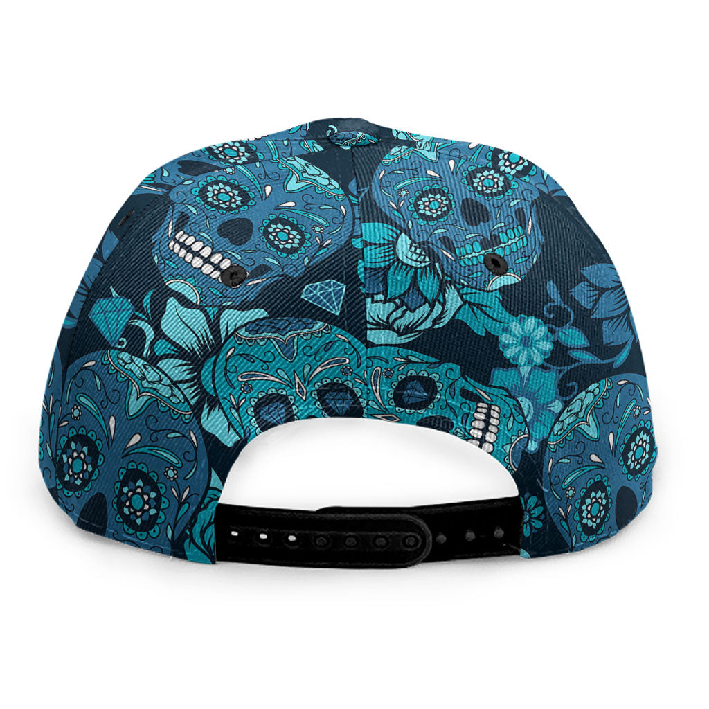 Teal Sugar Skull Flower Pattern Print Snapback Cap