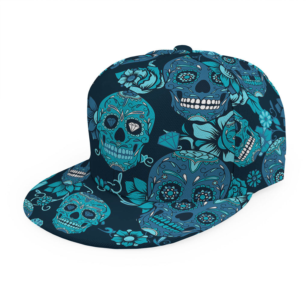 Teal Sugar Skull Flower Pattern Print Snapback Cap