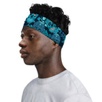Teal Sugar Skull Flower Pattern Print Sports Headband