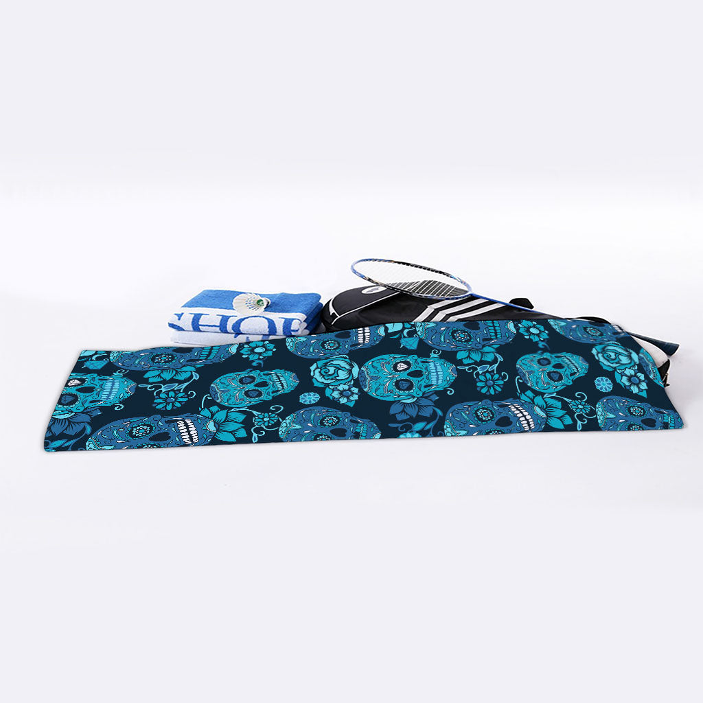 Teal Sugar Skull Flower Pattern Print Sports Towel