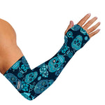 Teal Sugar Skull Flower Pattern Print Sun Protection Arm Sleeves
