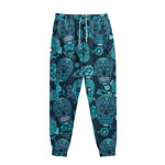 Teal Sugar Skull Flower Pattern Print Sweatpants