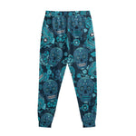 Teal Sugar Skull Flower Pattern Print Sweatpants
