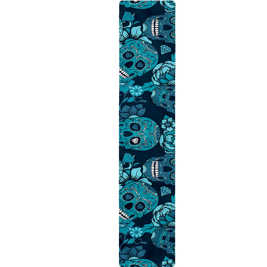 Teal Sugar Skull Flower Pattern Print Table Runner