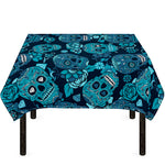 Teal Sugar Skull Flower Pattern Print Tablecloth