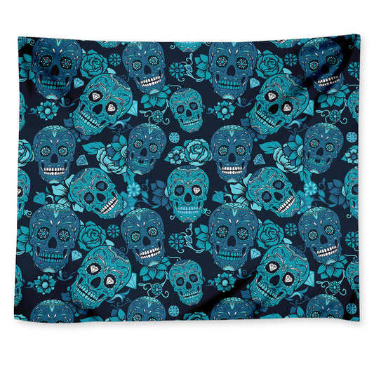 Teal Sugar Skull Flower Pattern Print Tapestry