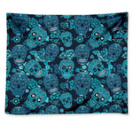 Teal Sugar Skull Flower Pattern Print Tapestry