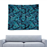 Teal Sugar Skull Flower Pattern Print Tapestry
