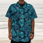 Teal Sugar Skull Flower Pattern Print Textured Short Sleeve Shirt