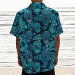 Teal Sugar Skull Flower Pattern Print Textured Short Sleeve Shirt