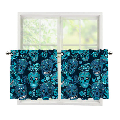 Teal Sugar Skull Flower Pattern Print Tier Curtains