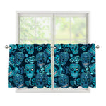 Teal Sugar Skull Flower Pattern Print Tier Curtains