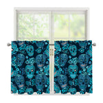Teal Sugar Skull Flower Pattern Print Tier Curtains