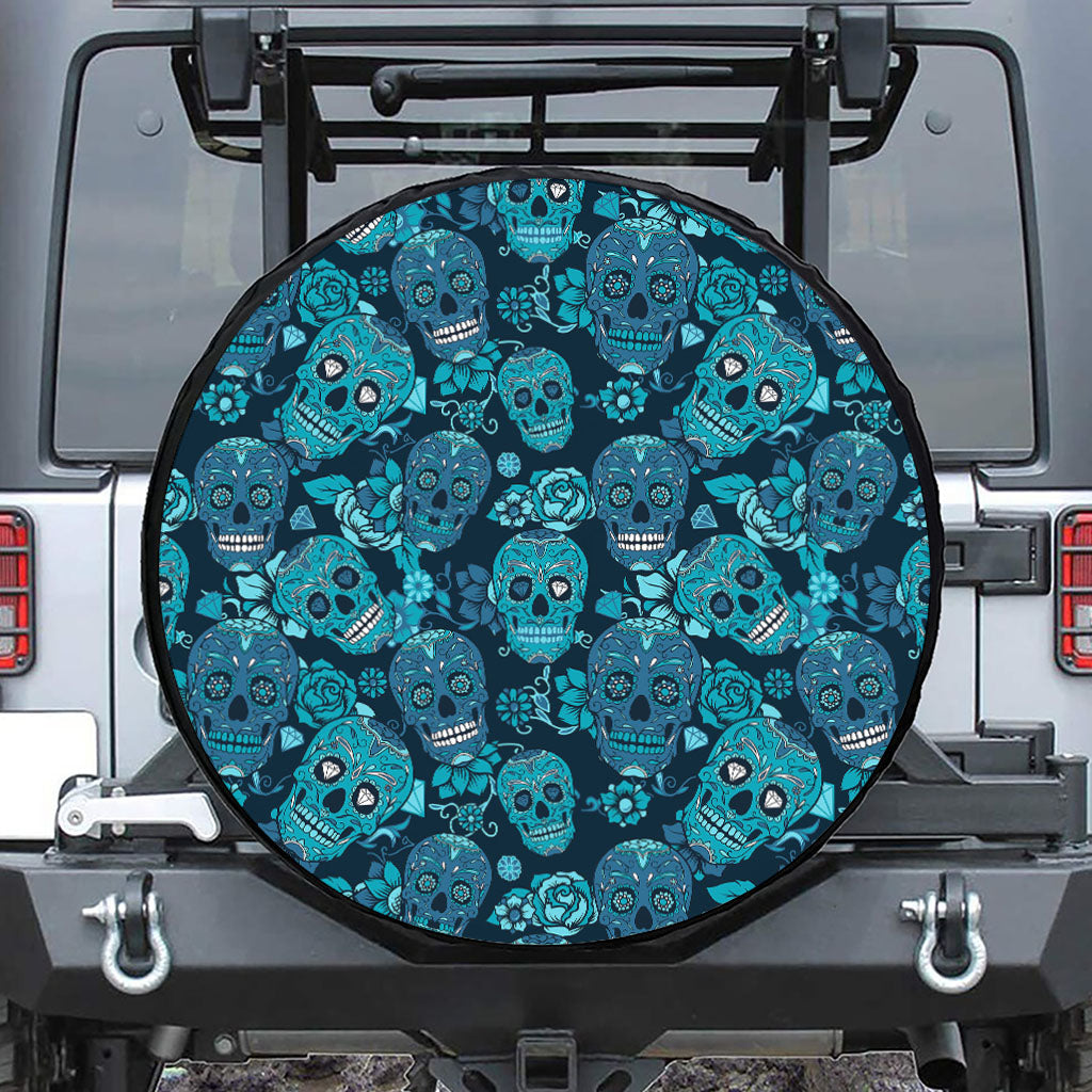 Teal Sugar Skull Flower Pattern Print Tire Cover