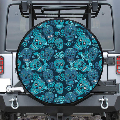 Teal Sugar Skull Flower Pattern Print Tire Cover