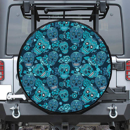 Teal Sugar Skull Flower Pattern Print Tire Cover