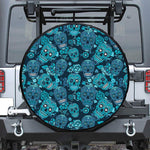Teal Sugar Skull Flower Pattern Print Tire Cover