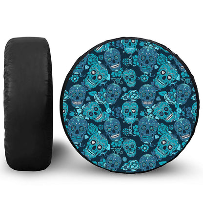Teal Sugar Skull Flower Pattern Print Tire Cover