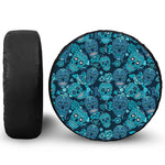 Teal Sugar Skull Flower Pattern Print Tire Cover