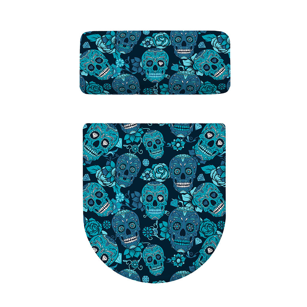 Teal Sugar Skull Flower Pattern Print Toilet Lid And Tank Cover Set