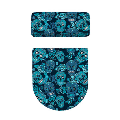 Teal Sugar Skull Flower Pattern Print Toilet Lid And Tank Cover Set