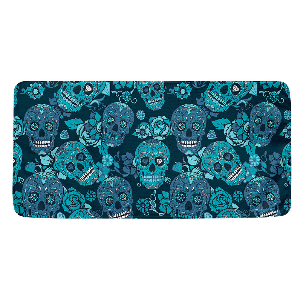 Teal Sugar Skull Flower Pattern Print Towel