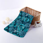 Teal Sugar Skull Flower Pattern Print Towel