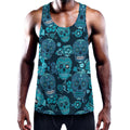 Teal Sugar Skull Flower Pattern Print Men's Workout Tank Top