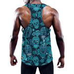Teal Sugar Skull Flower Pattern Print Training Tank Top