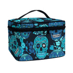 Teal Sugar Skull Flower Pattern Print Travel Makeup Bag