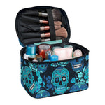Teal Sugar Skull Flower Pattern Print Travel Makeup Bag