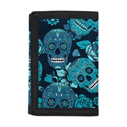 Teal Sugar Skull Flower Pattern Print Trifold Wallet