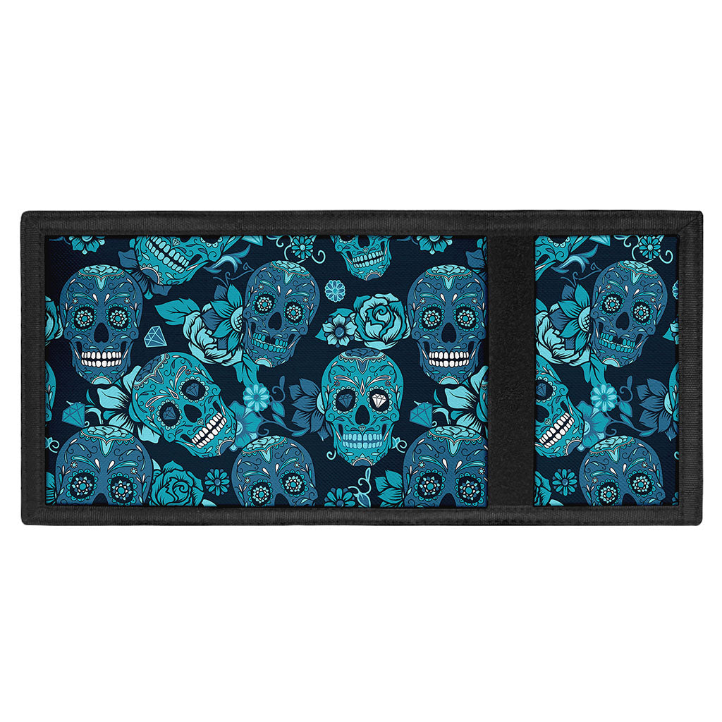 Teal Sugar Skull Flower Pattern Print Trifold Wallet