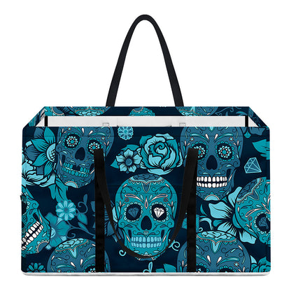 Teal Sugar Skull Flower Pattern Print Utility Tote Bag