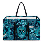 Teal Sugar Skull Flower Pattern Print Utility Tote Bag