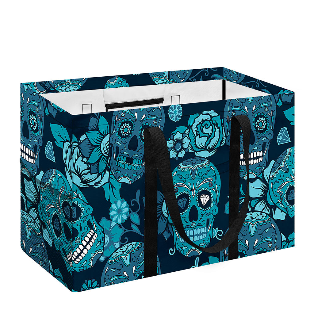Teal Sugar Skull Flower Pattern Print Utility Tote Bag