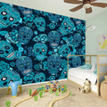 Teal Sugar Skull Flower Pattern Print Wall Sticker