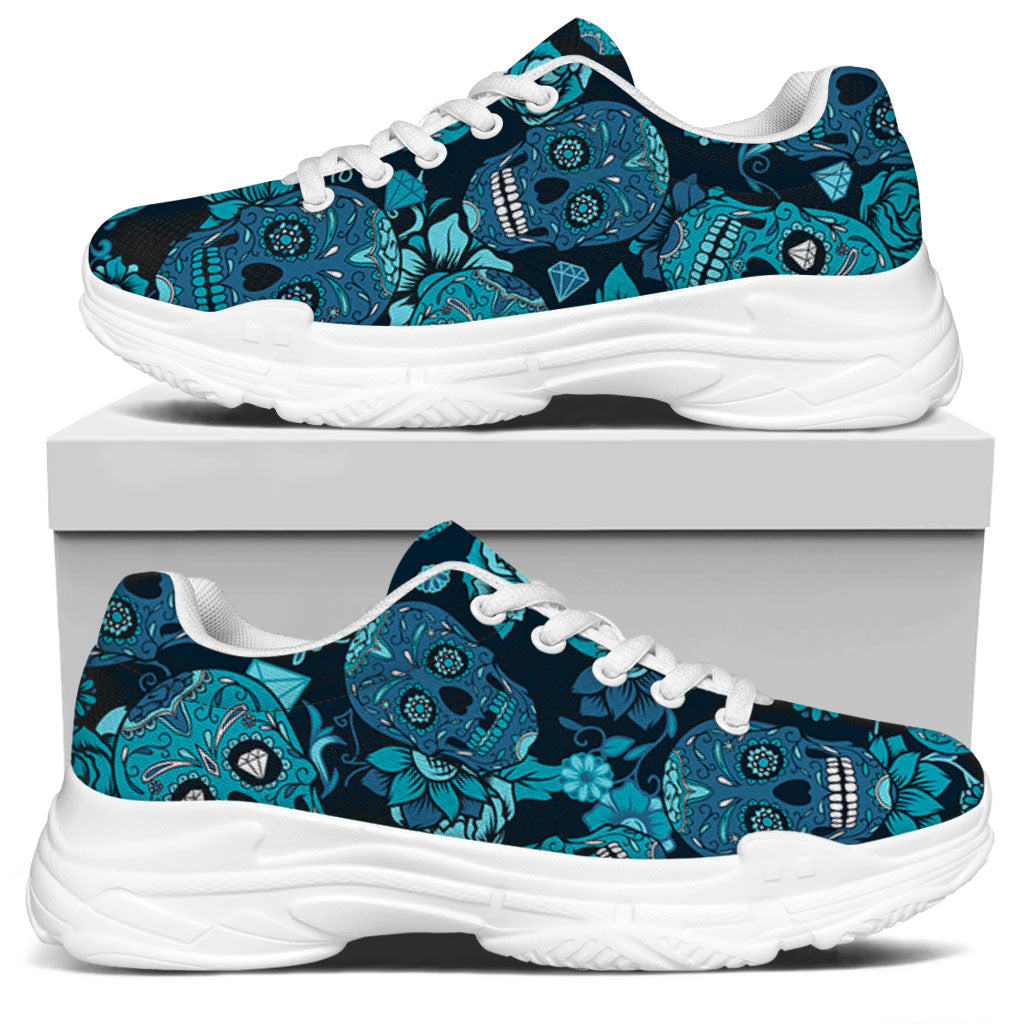 Teal Sugar Skull Flower Pattern Print White Chunky Shoes