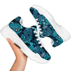 Teal Sugar Skull Flower Pattern Print White Chunky Shoes