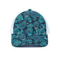 Teal Sugar Skull Flower Pattern Print White Mesh Trucker Hat