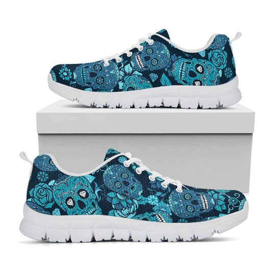 Teal Sugar Skull Flower Pattern Print White Running Shoes