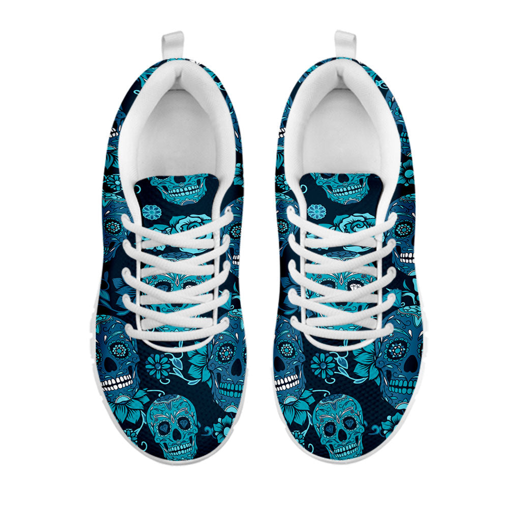 Teal Sugar Skull Flower Pattern Print White Running Shoes