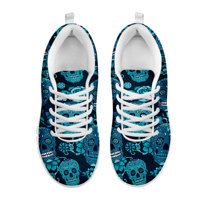 Teal Sugar Skull Flower Pattern Print White Running Shoes